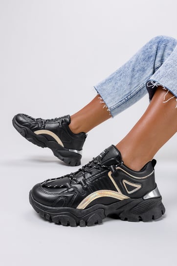 Czarne sneakersy na platformie buty sportowe sznurowane holograficzny pasek Casu 11-10-21-B-36 Casu