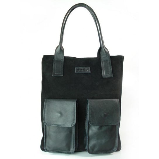 Czarny zamszowy worek Vera Pelle ,pojemna skórzana torba ,kieszenie XXL A4 BYC88N Vera Pelle