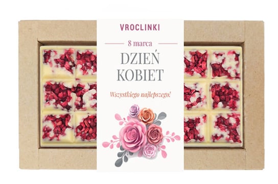 Czekolada biała z malinami Dzień kobiet - różowe róże Vroclinki - Wrocławskie Praliny