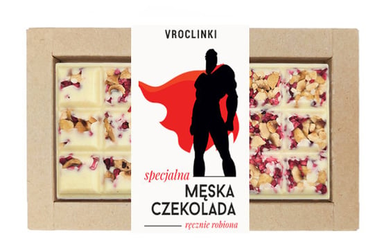 Czekolada biała z malinami i orzechami laskowymi Dzień mężczyzny - Superman Vroclinki - Wrocławskie Praliny