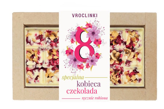 Czekolada biała z żurawiną i orzechami laskowymi Dzień kobiet - różowa 8 Vroclinki - Wrocławskie Praliny