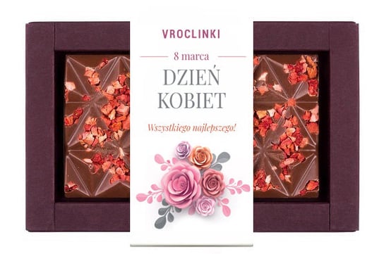 Czekolada mleczna z truskawkami - Dzień kobiet różowe róże Vroclinki - Wrocławskie Praliny