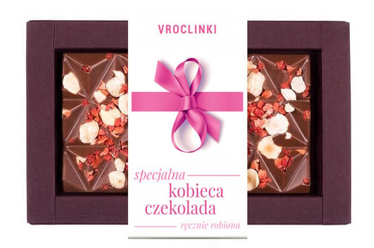 Czekolada mleczna z truskawkami i orzechami laskowymi - Dzień kobiet różowa wstążka Vroclinki - Wrocławskie Praliny