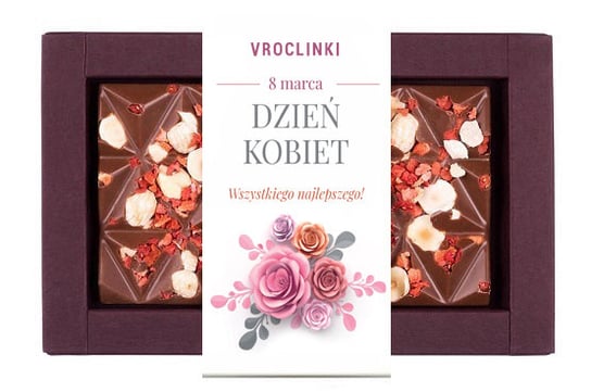Czekolada mleczna z truskawkami i orzechami laskowymi - Dzień kobiet różowe róże Vroclinki - Wrocławskie Praliny
