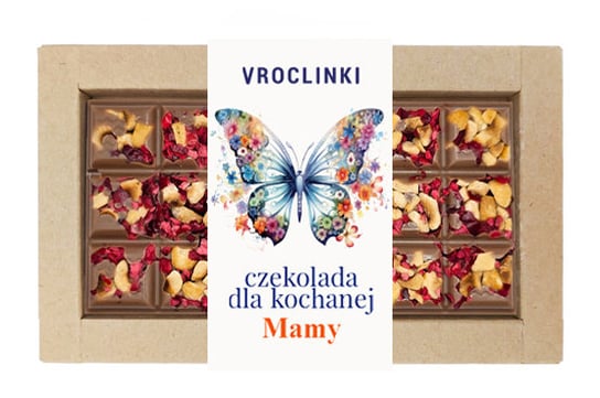 Czekolada mleczna z żurawiną i orzechami laskowymi - Dzień Mamy motyl Vroclinki - Wrocławskie Praliny