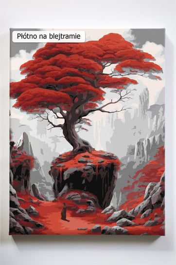 Czerwień wyobraźni, drzewo, góry, czerwień, malowanie po numerach Akrylowo