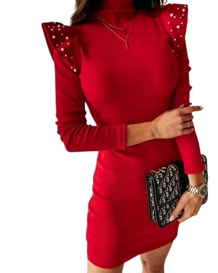 Czerwona sukienka dopasowana z długim rękawem z ozdobnymi koralikami L/XL Inny producent