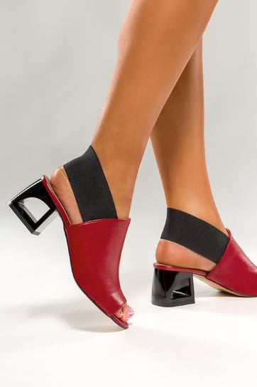 Czerwone sandały skórzane damskie zabudowane z gumką na pięcie obcas klocek PRODUKT POLSKI Casu 1919-916-35 Casu