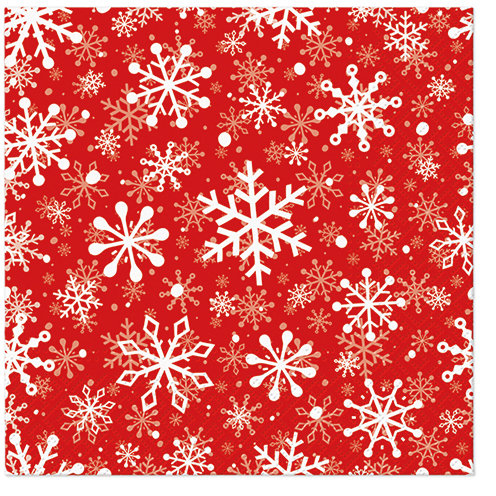 Czerwone serwetki świąteczne bibułowe 3 warstwowe z białym nadrukiem śnieżynek, 33x33 cm Paw Decor Collection