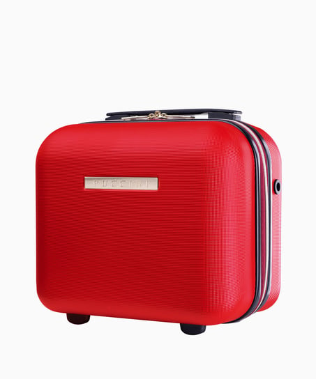 Czerwony kuferek podróżny z eleganckim napisem PUCCINI