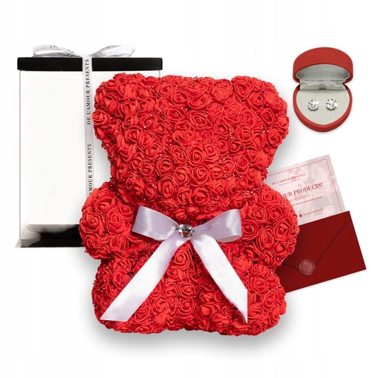 Czerwony Miś Z Róż Z Kokardką 25 cm Prezent Dla Niej Dziewczyny Na Walentynki De L'amour Presents