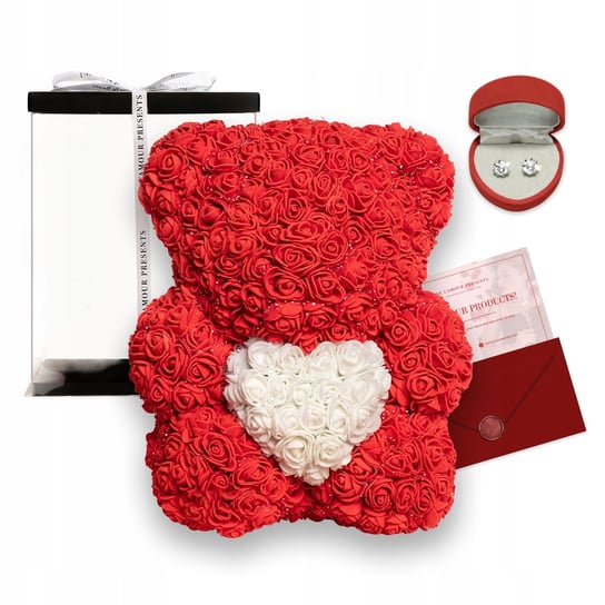 Czerwony Miś Z Róż Z Sercem 25 cm Prezent Dla Niej Dziewczyny Na Walentynki De L'amour Presents