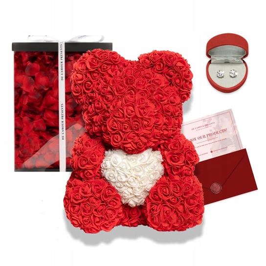 Czerwony Miś Z Róż Z Sercem I Płatkami 40 cm Prezent Dla Niej Dziewczyny Na Walentynki De L'amour Presents