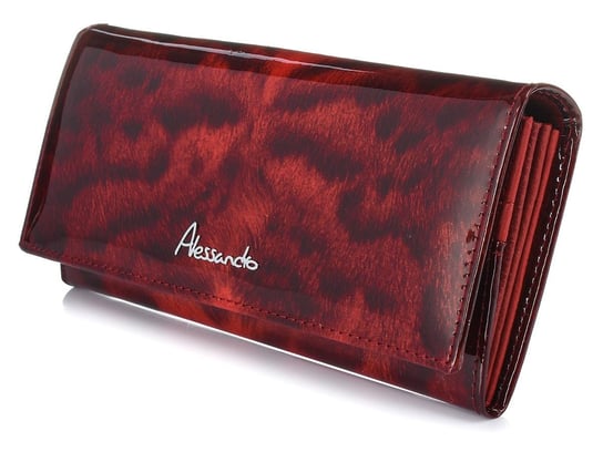 Czerwony Pojemny portfel damski skórzany RFID poziomy w cętki G36 czerwony Alessandro Paoli