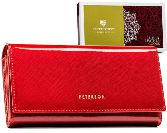 Czerwony portfel damski na karty z lakierowanej skóry naturalnej Peterson Peterson