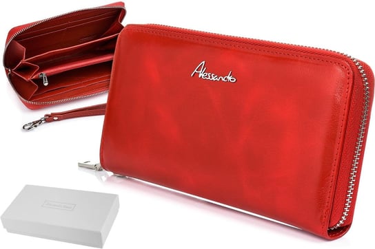 Czerwony portfel skórzany licowy duży premium Alessandro kopertówka V18 czerwony Alessandro Paoli