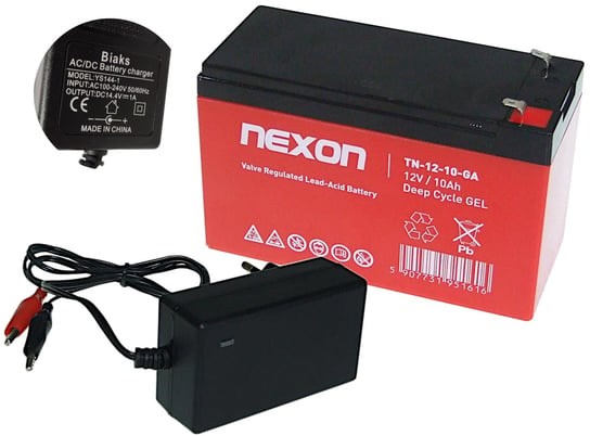 Czerwony Smukły Akumulator żelowy GEL 12V 10Ah + ŁADOWARKA 1A MULTI-LED+ Nexon