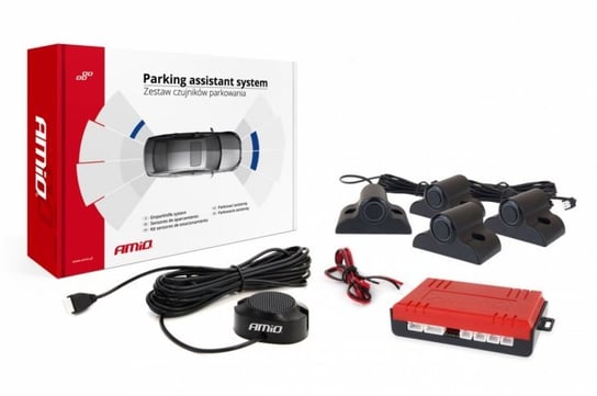 Czujniki parkowania AMiO TRUCK 19mm z buzzerem, 4 sensory 19mm z adapterem do montażu na belce, czarne Amio