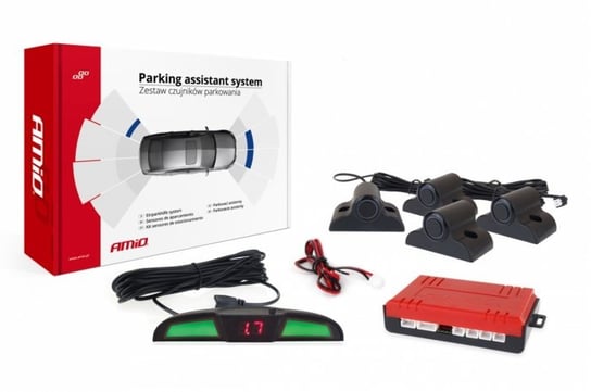 Czujniki parkowania AMiO TRUCK 19mm z wyświetlaczem LED COB i buzzerem, 4 sensory 19mm z adapterem do montażu na belce, czarne Amio