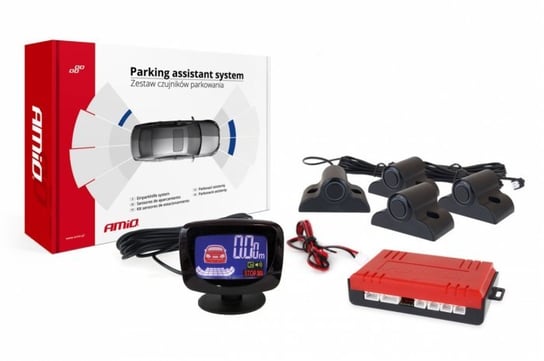 Czujniki parkowania AMiO TRUCK 19mm z wyświetlaczem LED graficzny i buzzerem, 4 sensory 19mm z adapterem do montażu na belce, czarne Amio