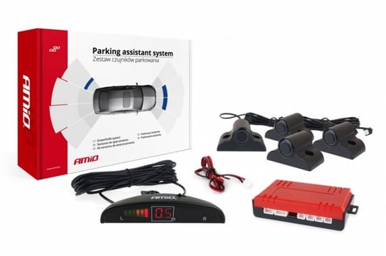 Czujniki parkowania AMiO TRUCK 19mm z wyświetlaczem LED i buzzerem, 4 sensory 19mm z adapterem do montażu na belce, czarne Amio