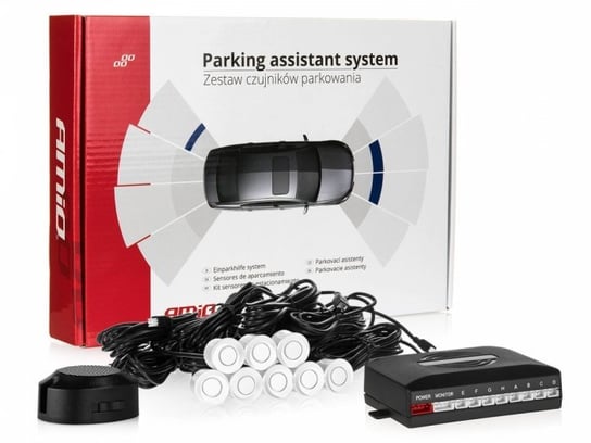Czujniki parkowania AMiO z buzzerem, 8 sensorów 22mm, białe Amio