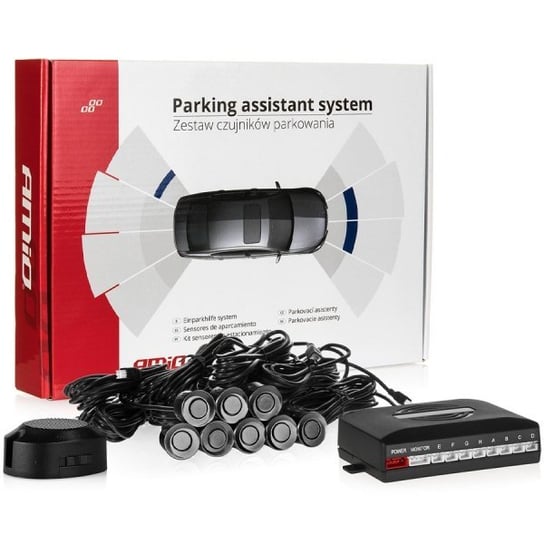 Czujniki parkowania AMiO z buzzerem, 8 sensorów 22mm, czarne Amio