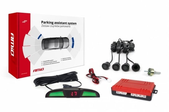 Czujniki parkowania AMiO z wyświetlaczem LED COB i buzzerem, 4 sensory 18mm, czarne Amio