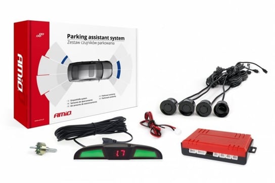 Czujniki parkowania AMiO z wyświetlaczem LED COB i buzzerem, 4 sensory 22mm, czarne Amio