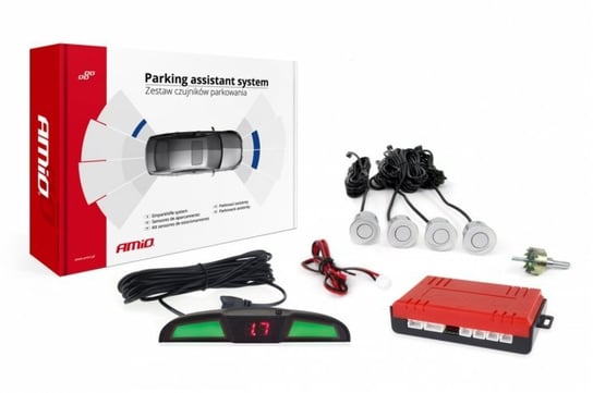 Czujniki parkowania AMiO z wyświetlaczem LED COB i buzzerem, 4 sensory 22mm, srebrne Amio