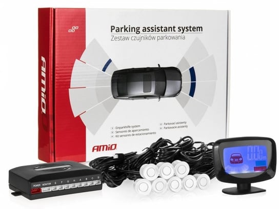 Czujniki parkowania AMiO z wyświetlaczem LED graficzny i buzzerem, 8 sensorów 22mm, białe Amio