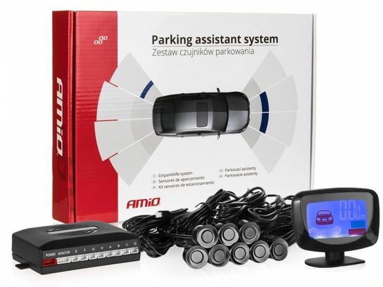 Czujniki parkowania AMiO z wyświetlaczem LED graficzny i buzzerem, 8 sensorów 22mm, czarne Amio