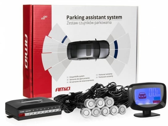 Czujniki parkowania AMiO z wyświetlaczem LED graficzny i buzzerem, 8 sensorów 22mm, srebrne Amio