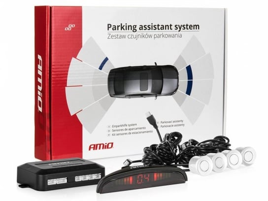 Czujniki parkowania AMiO z wyświetlaczem LED i buzzerem, 4 sensory 22mm, białe Amio