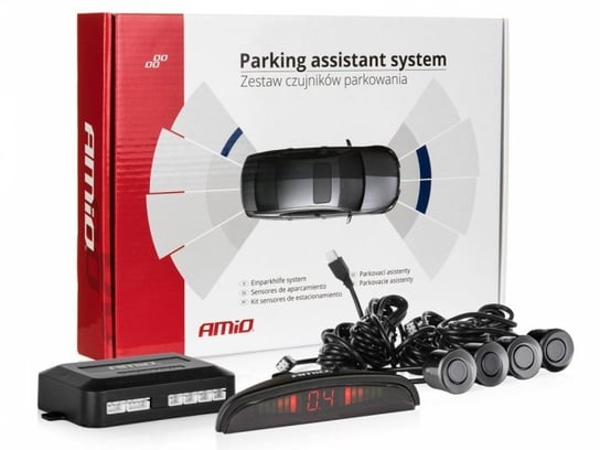 Czujniki parkowania AMiO z wyświetlaczem LED i buzzerem, 4 sensory 22mm, czarne Amio
