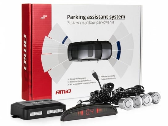 Czujniki parkowania AMiO z wyświetlaczem LED i buzzerem, 4 sensory 22mm, srebrne Amio