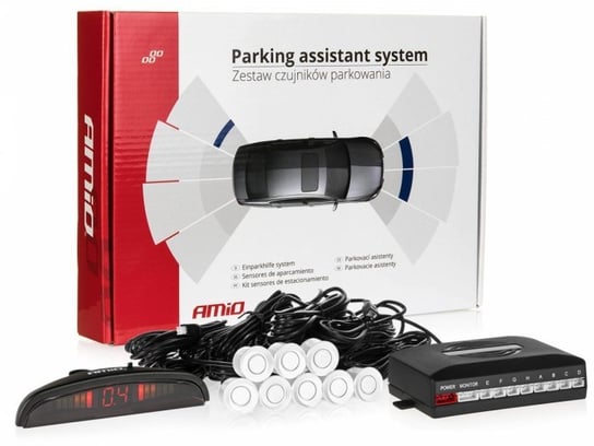 Czujniki parkowania AMiO z wyświetlaczem LED i buzzerem, 8 sensorów 22mm, białe Amio