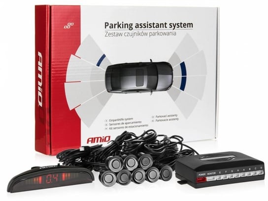 Czujniki parkowania AMiO z wyświetlaczem LED i buzzerem, 8 sensorów 22mm, czarne Amio