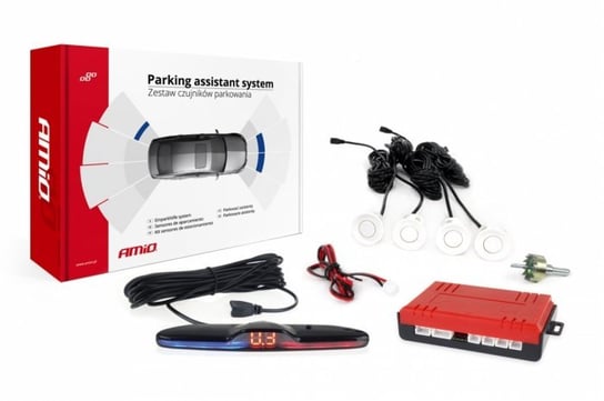 Czujniki parkowania AMiO z wyświetlaczem MAX LED i buzzerem, 4 sensory 22mm, białe Amio