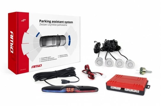 Czujniki parkowania AMiO z wyświetlaczem MAX LED i buzzerem, 4 sensory 22mm, srebrne Amio
