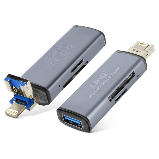 Czytnik kart SD / Micro-SD 2 w 1 Lightning / USB meski, funkcja OTG z zenskim USB, LinQ - szary LinQ
