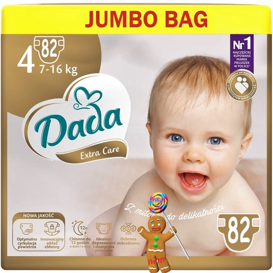 Dada Extra Care, Pieluchy, 4 Maxi (7-16Kg),  Jumbo Bag 82szt. Dada