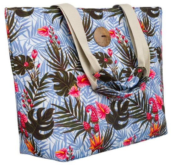 Damska torba plażowa na ramię z motywem roślinnym, jasnoniebieska Cavaldi