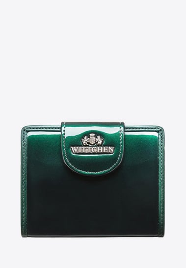 Damski portfel ze skóry lakierowany z ozdobną napą ciemny zielony WITTCHEN