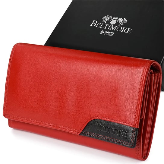 Damski skórzany portfel duży poziomy retro RFiD czerwony BELTIMORE 043 czerwony Beltimore