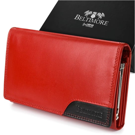 Damski skórzany portfel duży poziomy z biglem RFiD czerwony BELTIMORE 038 czerwony Beltimore