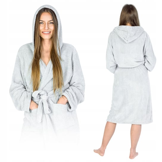 DAMSKI SZLAFROK CIEPŁY MIĘKKA MIKROFIBRA KAPTUR KIESZENIE STRÓJ SZARY M Onesies