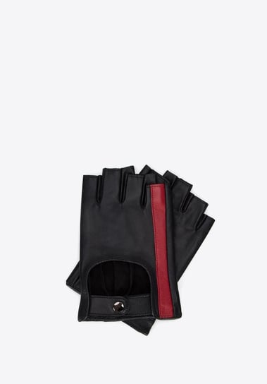 Damskie rękawiczki skórzane bez palców z ozdobnym paskiem czarno-czerwone M WITTCHEN