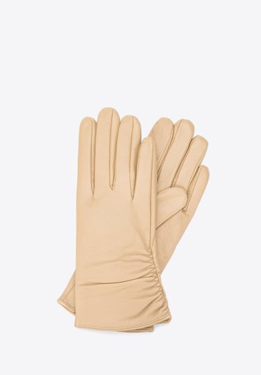 Damskie rękawiczki skórzane z marszczeniem beżowe M WITTCHEN