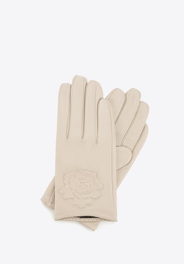 Damskie rękawiczki skórzane z wytłoczoną różą beżowe XL WITTCHEN